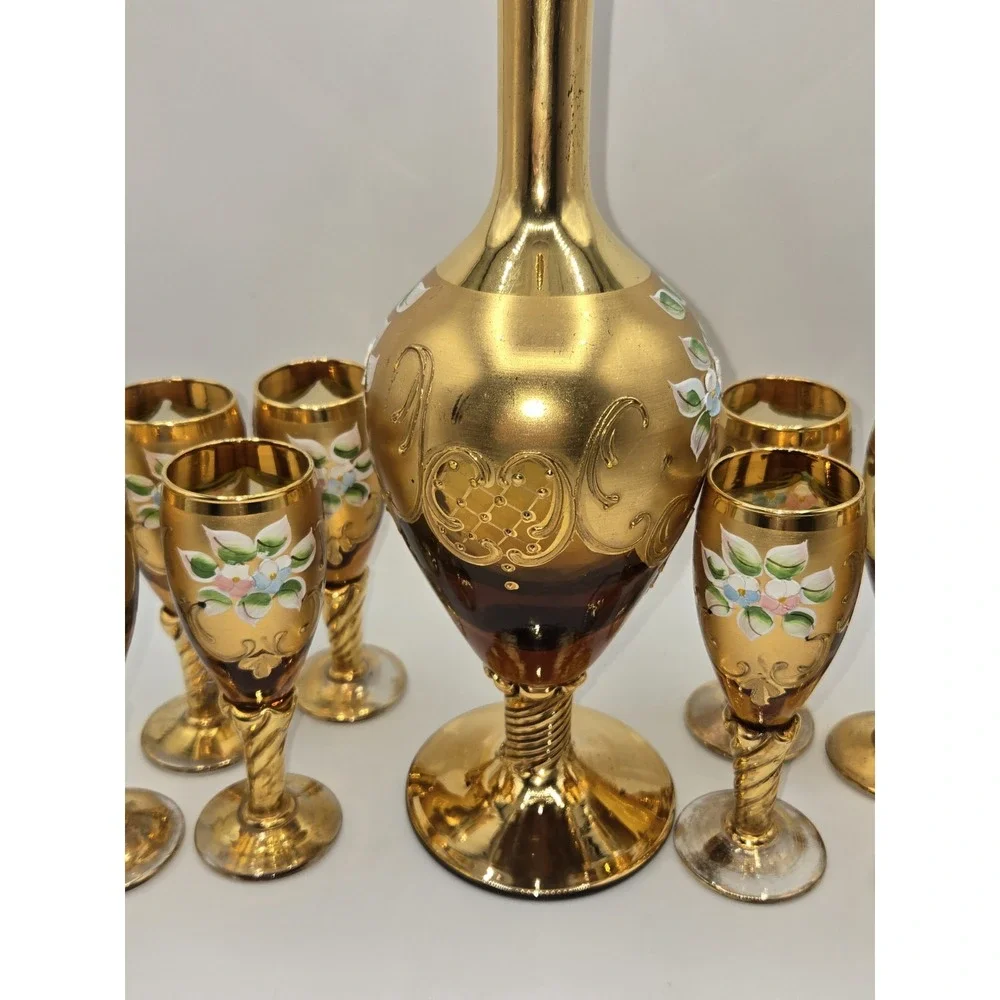 Vintage‎ Italian Venetian Gilt Glass Liquor Decanter Set Enamel Cordial Glasses